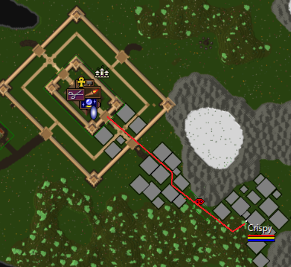 Map of Malas with the route to the Kool guild house marked in red, leaving Luna by the east gate and following the path east